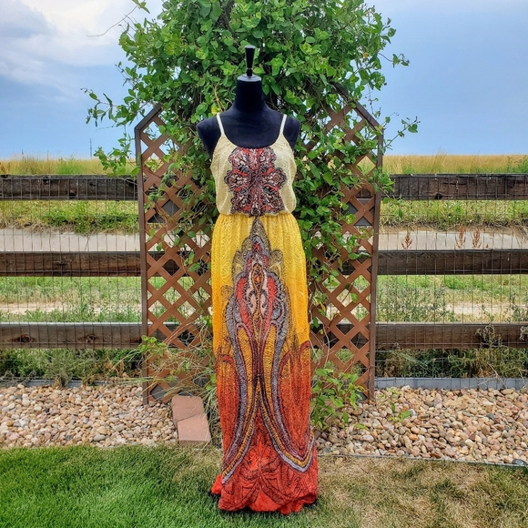 Stilettos Ombre Orange & Yellow Patterned Maxi Lace Women's Dress Size Large EUC - Picture 5 of 14